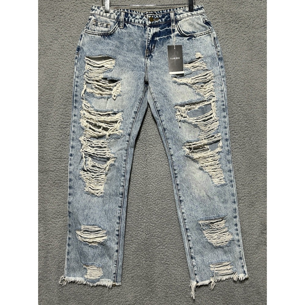 Flamingo Jeans Flamingals Straight Leg Distressed Acid Wash Thrashed Sz M 32X28
